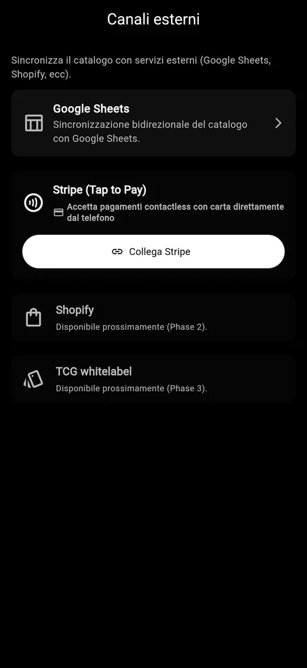 Schermata Channels di Vendor Vault con connessione Google Sheets su iPhone