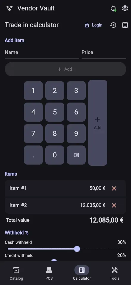 Vendor Vault POS app screen (dark)