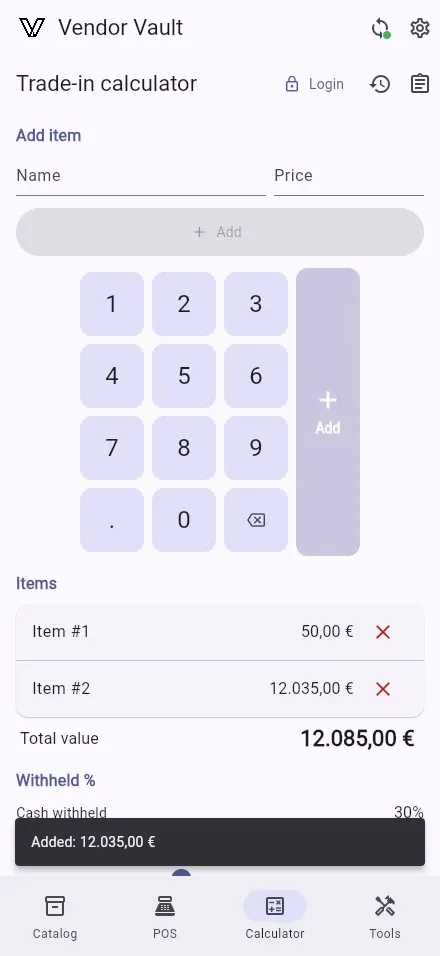 Vendor Vault POS app screen