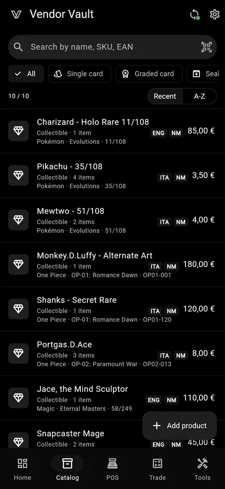 Vendor Vault catalog grid syncing across devices on iPhone