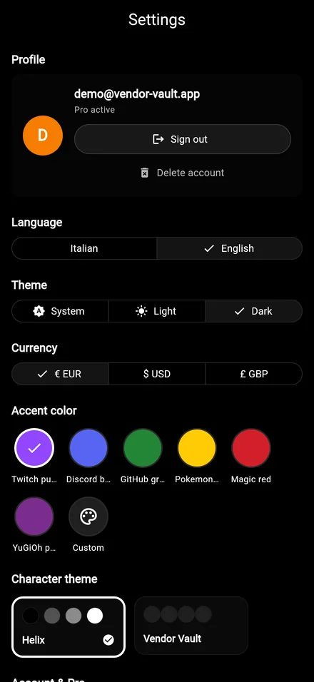 Vendor Vault settings with Pro branding options on iPhone