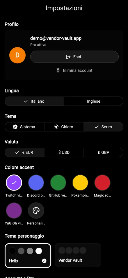 Impostazioni di Vendor Vault con opzioni di branding Pro su iPhone
