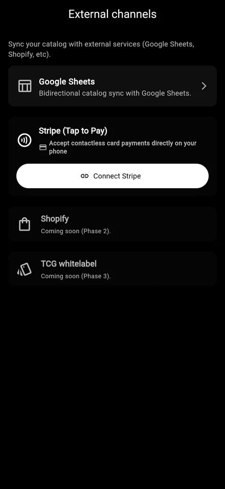 Vendor Vault Channels screen with Google Sheets connection on iPhone