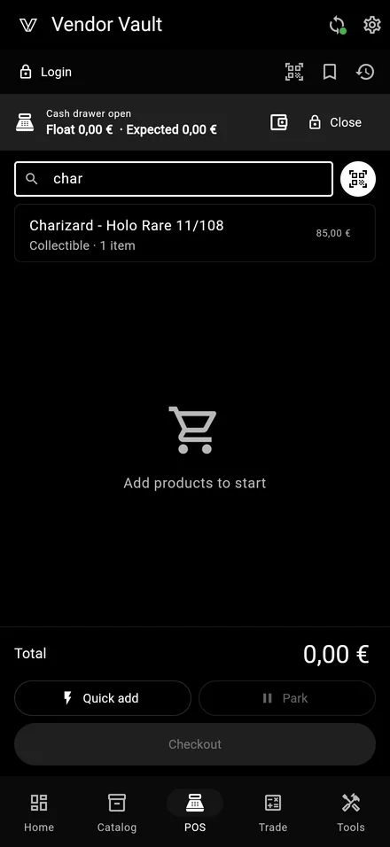 Vendor Vault POS checkout screen on iPhone