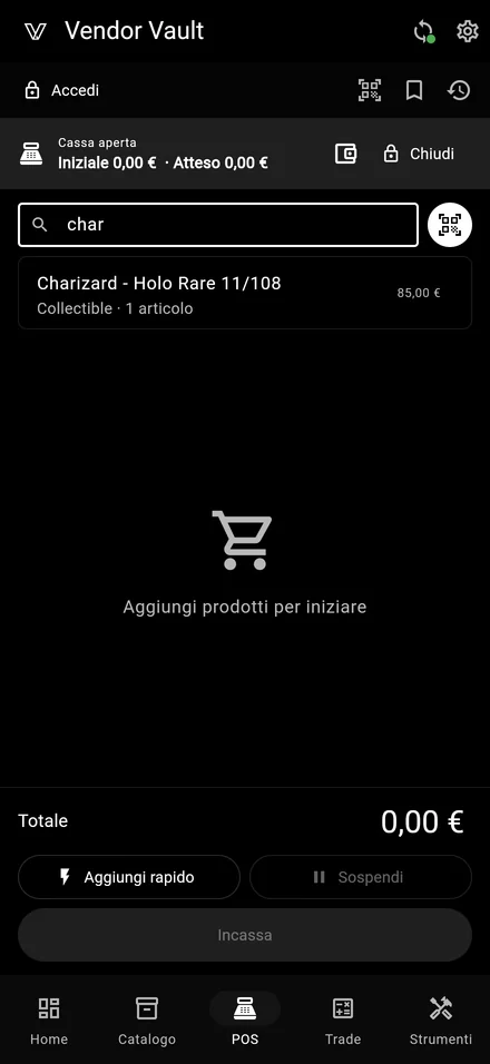 Schermata di checkout POS di Vendor Vault su iPhone